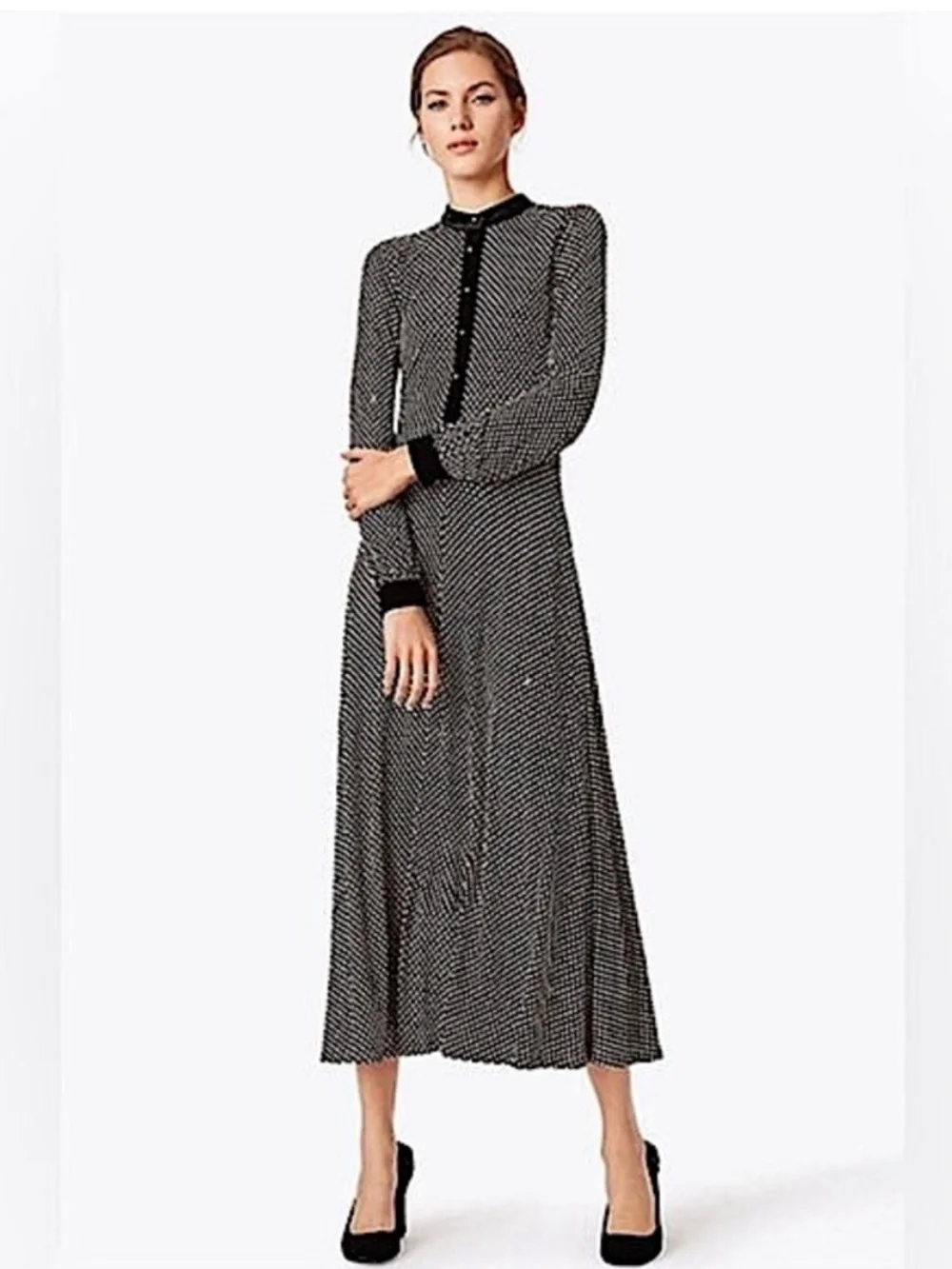 Tory Burch Anja Midi Dress Black Velvet Jazz Dot Long Sleeve Small $598
